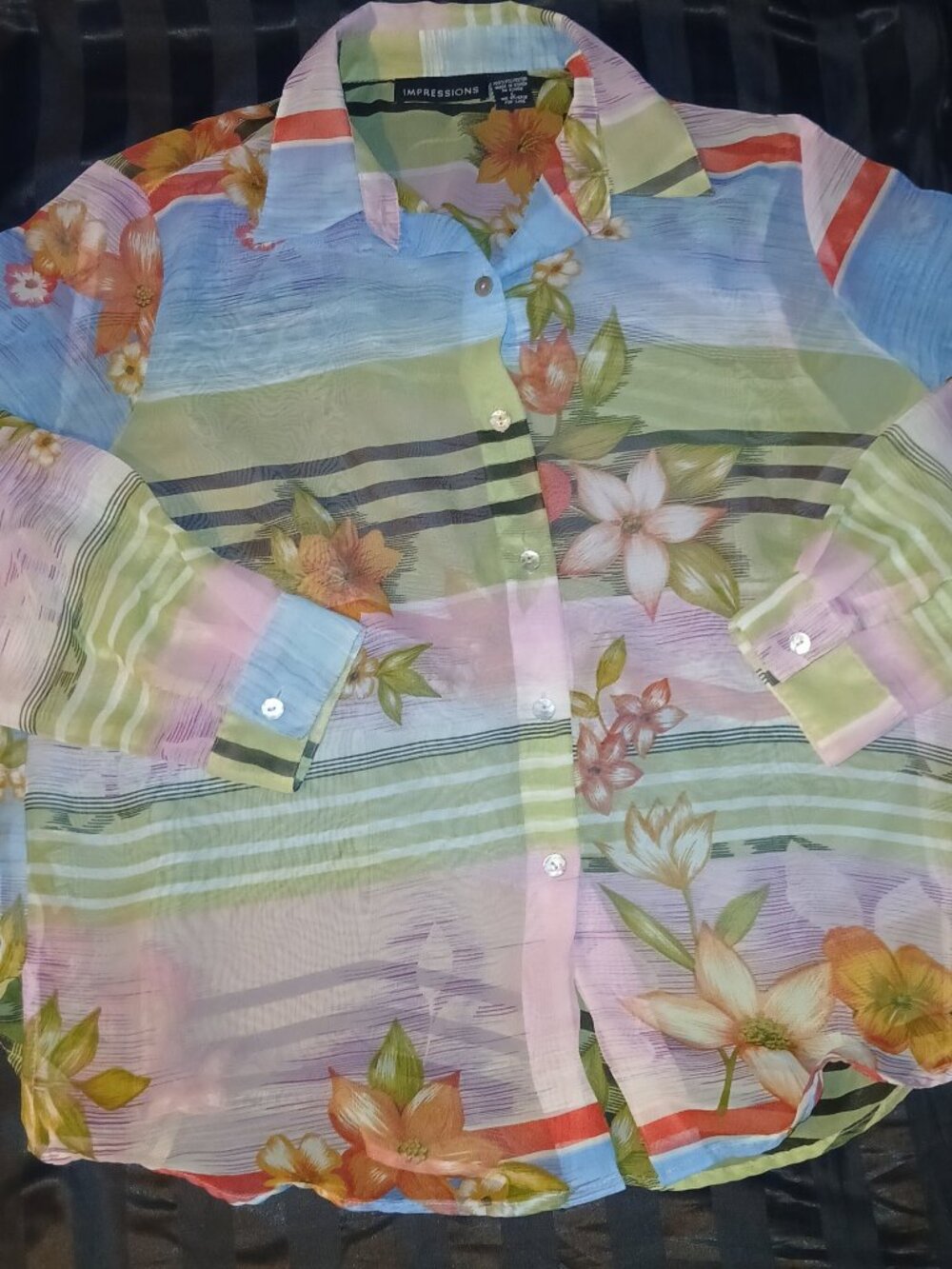 Women's Sheer Floral Impressions Blouse Button Up Multicolor - Size Large